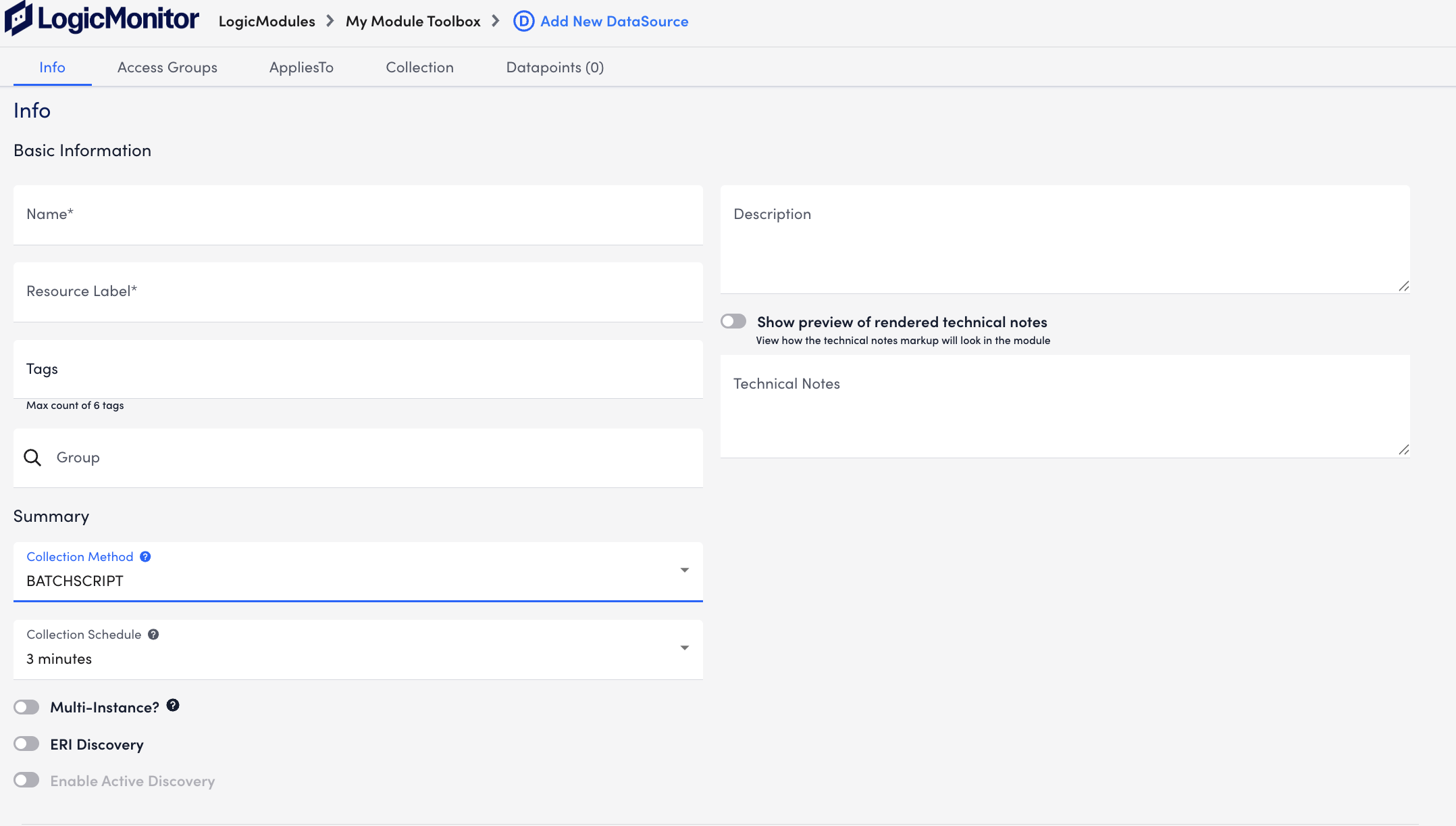 DataSources settings for BatchScript collection method